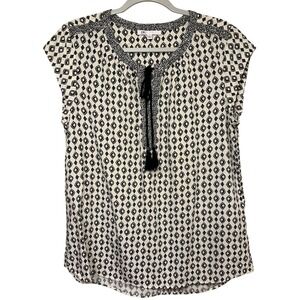 DR2 Women's Top Blouse Large Sleeveless Diamond Print Black White Casual‎